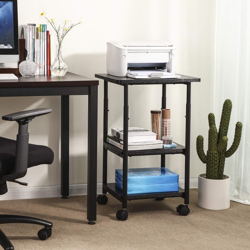 VASAGLE Heavy-Duty Printer Stand with Locking Wheels, 3-Tier Industrial Mobile Cart with Storage Shelf, Printer Table for Home, Office, 26.2-30.1" Adjustable Height, Ebony Black UOPS03B - Image 2